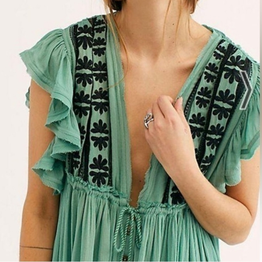 Free People Will Wait For You Midi Dress Embroidery Lace Oversized Green Sm NWT - Picture 5 of 16